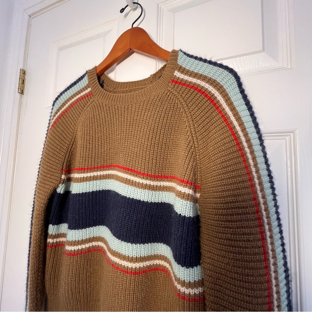 Brixton Tan and Navy Racing Striped Sweater Size Small - Picture 3 of 10